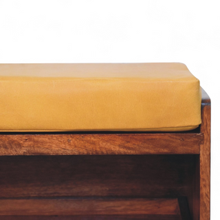 Seat detail view of Mid-Century Modern Bench with Shoe Storage | Buffalo Hide