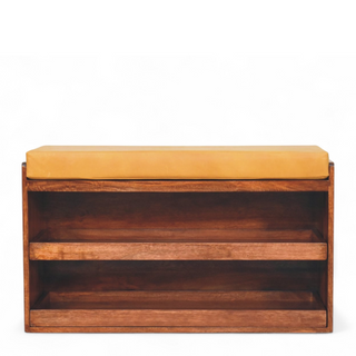 Front view of Mid-Century Modern Bench with Shoe Storage | Buffalo Hide