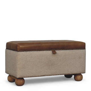 Side view of Mid Century Modern Bouclé Lid-Up Storage Ottoman, showing the upholstered seat, legs and silhouette