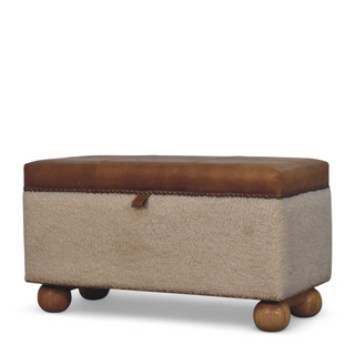 Back view of Mid Century Modern Bouclé Lid-Up Storage Ottoman, showing the upholstered seat, legs and silhouette
