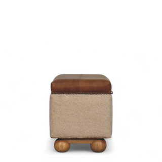 Additional angle of Mid Century Modern Bouclé Lid-Up Storage Ottoman, showing the upholstered seat, legs and silhouette