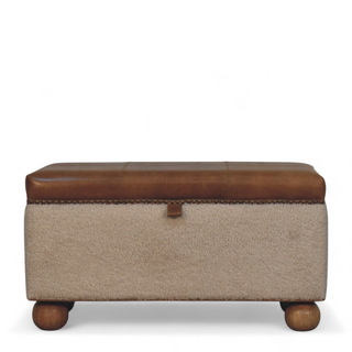 Front view of Mid Century Modern Bouclé Lid-Up Storage Ottoman, showing the upholstered seat, legs and silhouette