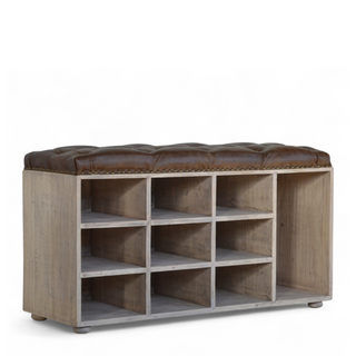 Side angle view of Mid-Century Modern Buffalo Hide Shoe Cabinet with Storage