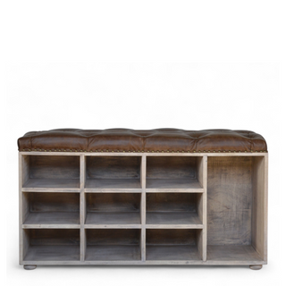Front view of Mid-Century Modern Buffalo Hide Shoe Cabinet with Storage