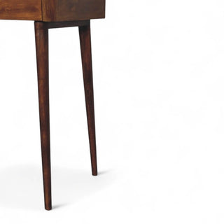 Mid-Century Modern Chestnut Console Table with Storage - leg detail close up