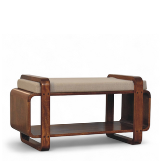 Side angle view of Mid-Century Modern Chestnut Solid Wood Loop Bench with solid wood chestnut