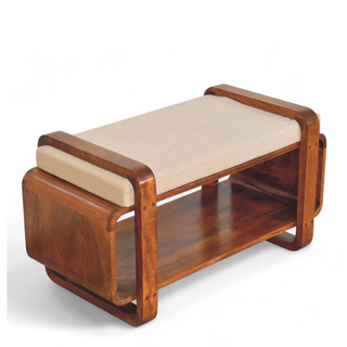 Close-up of finish detail on Mid-Century Modern Chestnut Solid Wood Loop Bench