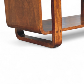 Top view of Mid-Century Modern Chestnut Solid Wood Loop Bench with solid wood chestnut