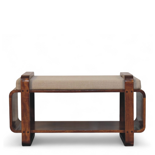 Front view of Mid-Century Modern Chestnut Solid Wood Loop Bench with solid wood chestnut