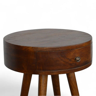 Mid-Century Modern Circular Nightstand Chestnut Solid Wood - rear profile view