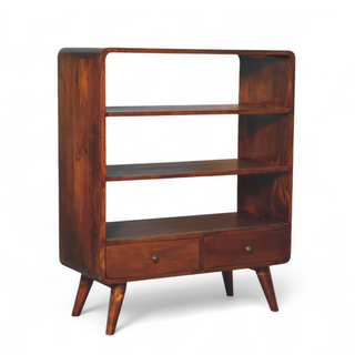 Side angle view of Mid Century Modern Curved Chestnut Low Bookcase with chestnut curved