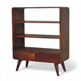 Side view of Mid Century Modern Curved Chestnut Low Bookcase with chestnut curved