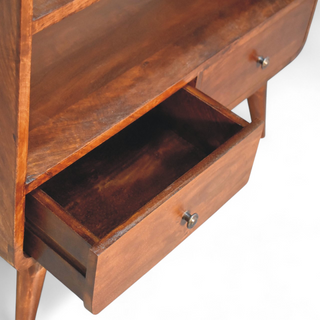 Close-up of finish detail on Mid Century Modern Curved Chestnut Low Bookcase