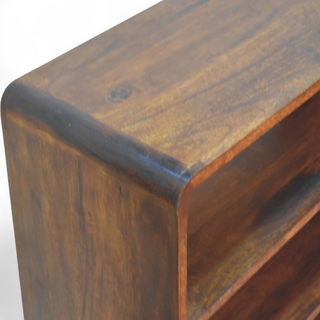 Finish detail view of Mid Century Modern Curved Chestnut Low Bookcase with chestnut curved