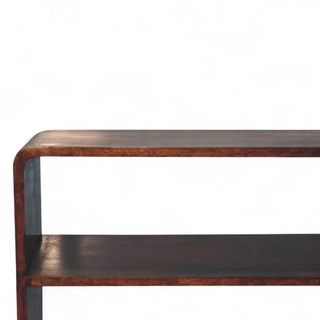 Storage view of Mid Century Modern Curved Chestnut Low Bookcase with chestnut curved