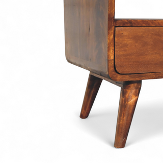 Top view of Mid Century Modern Curved Chestnut Low Bookcase with chestnut curved