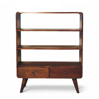 Front view of Mid Century Modern Curved Chestnut Low Bookcase with chestnut curved