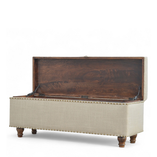 Angled view of Mid-Century Modern Linen Storage Bench with Studded Detail