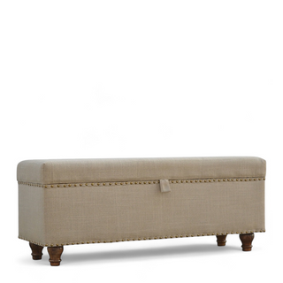 Side view of Mid-Century Modern Linen Storage Bench with Studded Detail