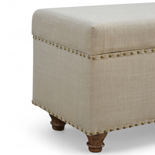 Leg detail view of Mid-Century Modern Linen Storage Bench with Studded Detail