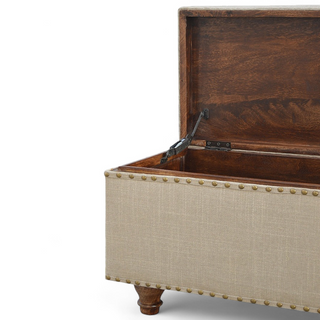 Seat detail view of Mid-Century Modern Linen Storage Bench with Studded Detail