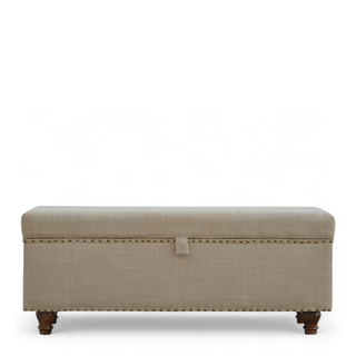 Front view of Mid-Century Modern Linen Storage Bench with Studded Detail