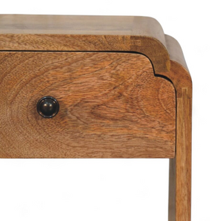 Mid-Century Modern Oak Nightstand with Drawer and Open Shelf - wood grain close up