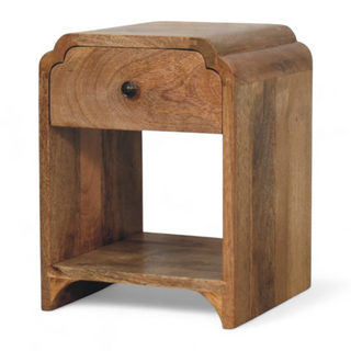 Mid-Century Modern Oak Nightstand with Drawer and Open Shelf - drawer open detail