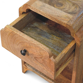 Mid-Century Modern Oak Nightstand with Drawer and Open Shelf - side angle view