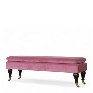 Side view of Mid-Century Modern Pink Velvet Bench with Castor Legs, showing the upholstered seat, legs and silhouette