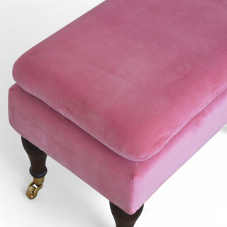Back view of Mid-Century Modern Pink Velvet Bench with Castor Legs, showing the upholstered seat, legs and silhouette