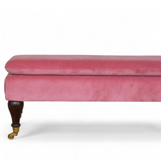 Close-up of fabric texture on Mid-Century Modern Pink Velvet Bench with Castor Legs