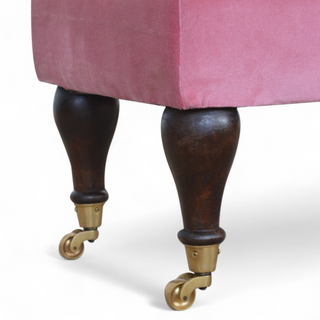 Seat detail view of Mid-Century Modern Pink Velvet Bench with Castor Legs