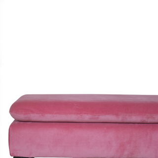 Rear angle view of Mid-Century Modern Pink Velvet Bench with Castor Legs