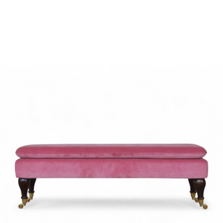 Front view of Mid-Century Modern Pink Velvet Bench with Castor Legs, showing the upholstered seat, legs and silhouette