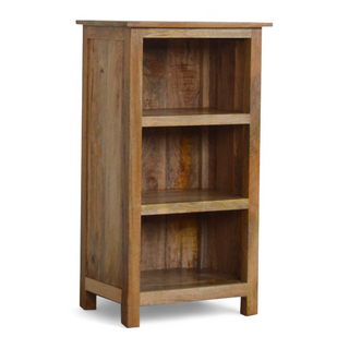 Side angle view of Mid Century Modern Small Solid Wood Bookcase, showing the open shelving and furniture finish