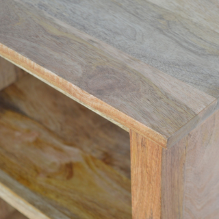 Finish detail view of Mid Century Modern Small Solid Wood Bookcase, showing the open shelving and furniture finish