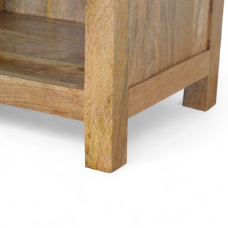 Angled detail view of Mid Century Modern Small Solid Wood Bookcase, showing the open shelving and furniture finish
