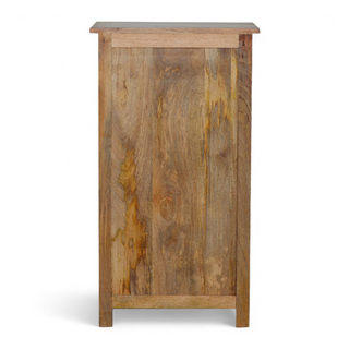 Rear angle view of Mid Century Modern Small Solid Wood Bookcase, showing the open shelving and furniture finish
