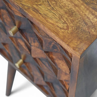 Mid-Century Modern Solid Wood 2-Drawer Nightstand Chestnut Carved - wood grain close up