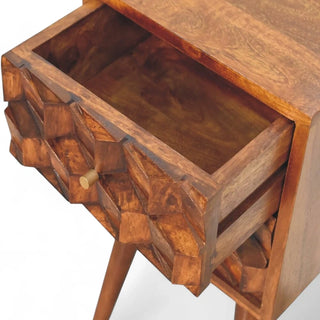 Mid-Century Modern Solid Wood 2-Drawer Nightstand Chestnut Carved - side angle view
