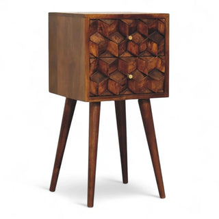 Mid-Century Modern Solid Wood 2-Drawer Nightstand Chestnut Carved - top surface view