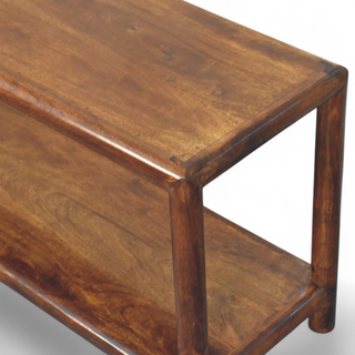Back view of Mid-Century Modern Solid Wood Regency Bench, showing the seat, legs and furniture silhouette