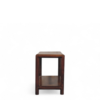 Rear angle view of Mid-Century Modern Solid Wood Regency Bench, showing the seat, legs and furniture silhouette
