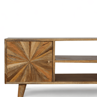 Sunrise TV stand shown with sunburst pattern cabinet door closed and centre shelving open