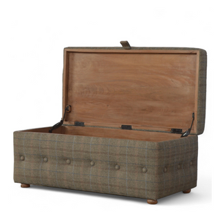 Angled view of Mid-Century Modern Tweed Upholstered Buttoned Footstool