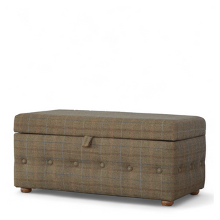 Side view of Mid-Century Modern Tweed Upholstered Buttoned Footstool, showing the upholstered seat, legs and silhouette