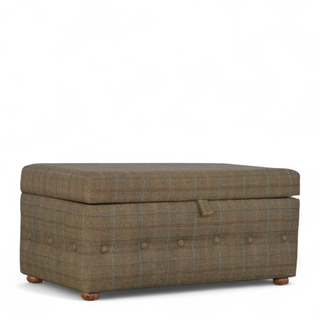 Back view of Mid-Century Modern Tweed Upholstered Buttoned Footstool, showing the upholstered seat, legs and silhouette