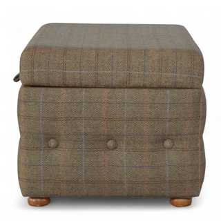 Leg detail view of Mid-Century Modern Tweed Upholstered Buttoned Footstool
