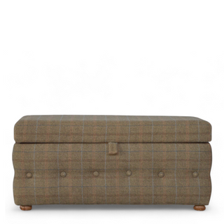 Front view of Mid-Century Modern Tweed Upholstered Buttoned Footstool, showing the upholstered seat, legs and silhouette